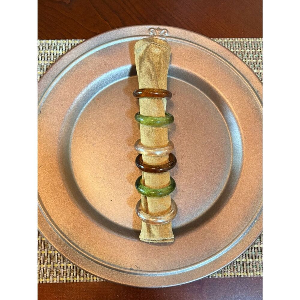 Set 6 Glass Napkin Rings Green Amber Clear Mid Century Style Earth Tones